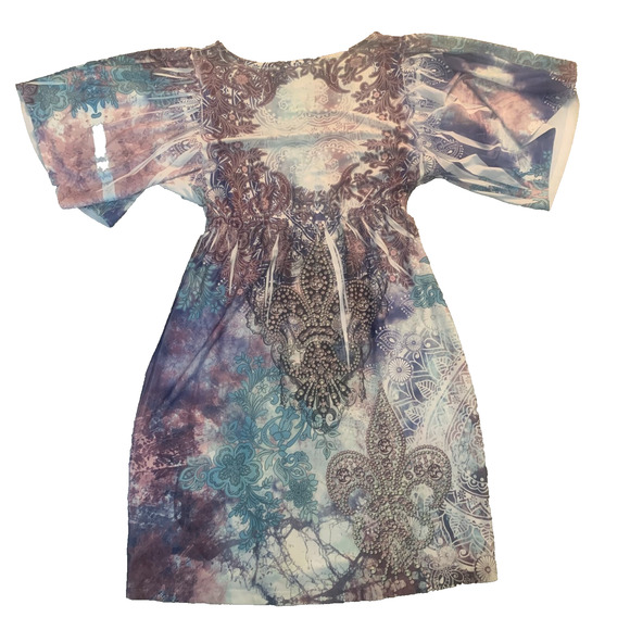 VOLUME ONE WOMEN'S V-NECK KIMONO SLEEVE SUBLIMINATION DRESS SIZE MEDIUM-EUC - Picture 2 of 5